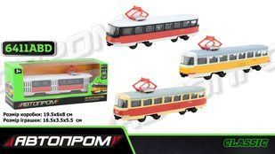 Трамвай мет. АВТОПРОМ арт. 6411ABD 1:54, 3 кольор., короб. 19,5* 5*8см