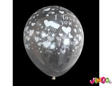 Шарики воздушные, 12, прозрачные, с белыми сердечками, I Love You, 100шт. уп., Gemar (991932)