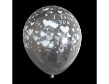 Кульки повітряні, 12'', прозорі, з білими сердечками, I Love You, 100шт./уп., Gemar