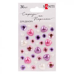 Стразы и жемчужины SANTI самоклеящиеся "Heart mix" розовые, сиреневые, 36 шт.