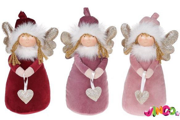 910-202 М'яка новорічна іграшка Янголята з сердцями, 26см, 3 дизайни, колір - бордовий, фіолетовий, рожевий