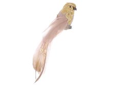499-128 Декоративний птах на кліпсі 22см з декором з паєток і намистин, колір - золотистий шампань