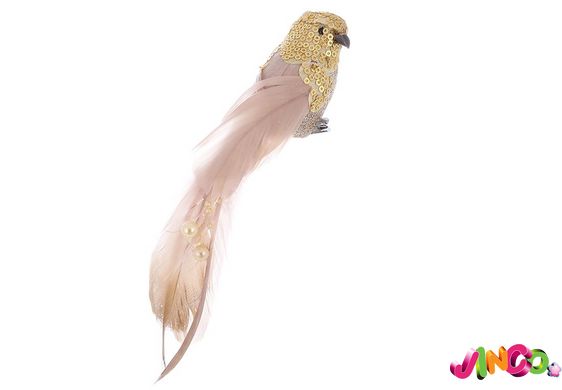 499-128 Декоративная птица на клипсе 22см с декором из паеток и бусин, цвет - золотистый шампань.