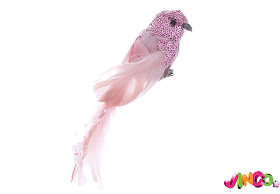 499-130 Декоративная птица на клипсе 22см с декором из паеток и бусин, цвет - розовый