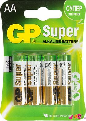 15 Батарейка GP SUPER ALKALINE 1.5V 15A-2DP40 щелочная, LR6, AA (пленка-4 шт.) бокс навесной