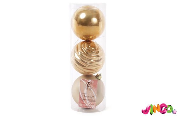 147-072 Набір різдвяних кульок 8 см, колір -світло -золото, 3шт: матовий, мама перлини, мати -in -la