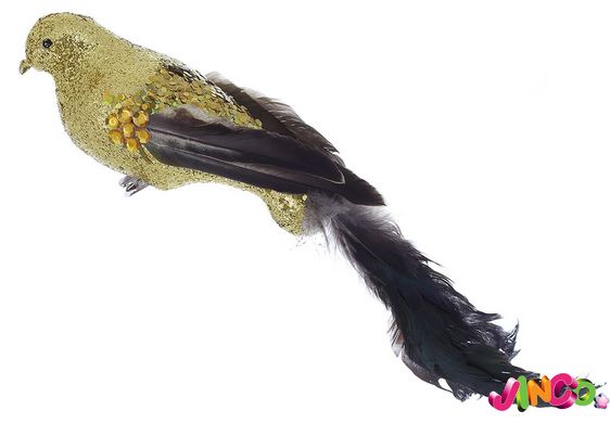 499-122 Декоративная птица на клипсе 35см, цвет - золото с черным.