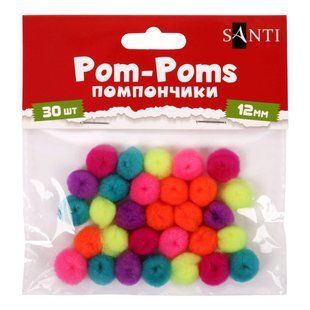 955451 Помпони SANTI неонові кольори, асорті, акрил, d-12мм, 30шт. уп