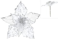 839-042 Декоративна квітка Пуансетія 27см, колір - білий зі сріблом