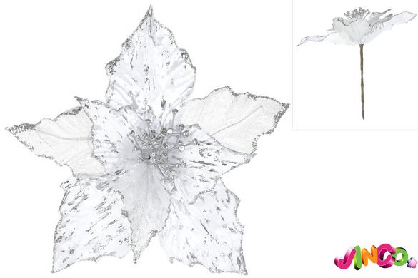 839-042 Декоративна квітка Пуансетія 27см, колір - білий зі сріблом