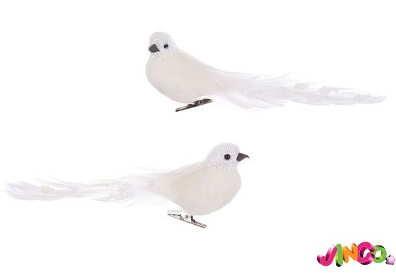 743-798 Декоративная птица на клипсе 18см с декором из бусин и глиттера, 3 дизайна, цвет - белый